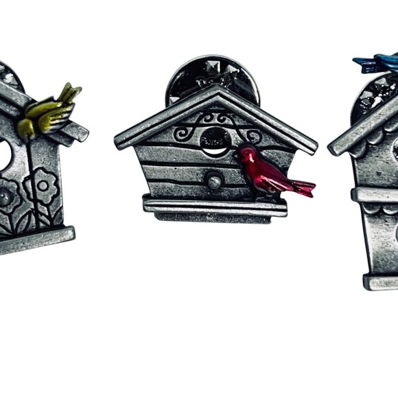 Set Of 3 Jonette Jewelry Silver Tone & Enamel Bird House Lapel Pins (5842) - Picture 4 of 5